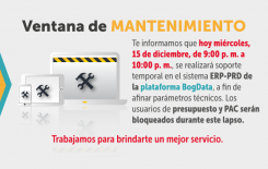 De 9:00 a 10:00 p.m. realizaremos labores de mantenimiento a la plataforma BogData, lapso durante el cual estarán bloqueados algunos usuarios.